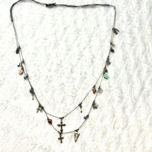 Vintage 17inch Layered Charm Necklace with Crosses Roses Keys Birds Beads‎